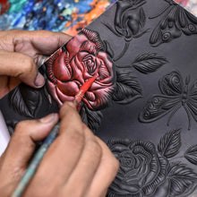 Load image into Gallery viewer, ANUSCHKA 1183 CARD CASE TOOLED ROSE BLACK MULTI